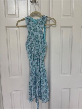 LOFT Aqua Floral Print Dress with Green and Lilac Accents